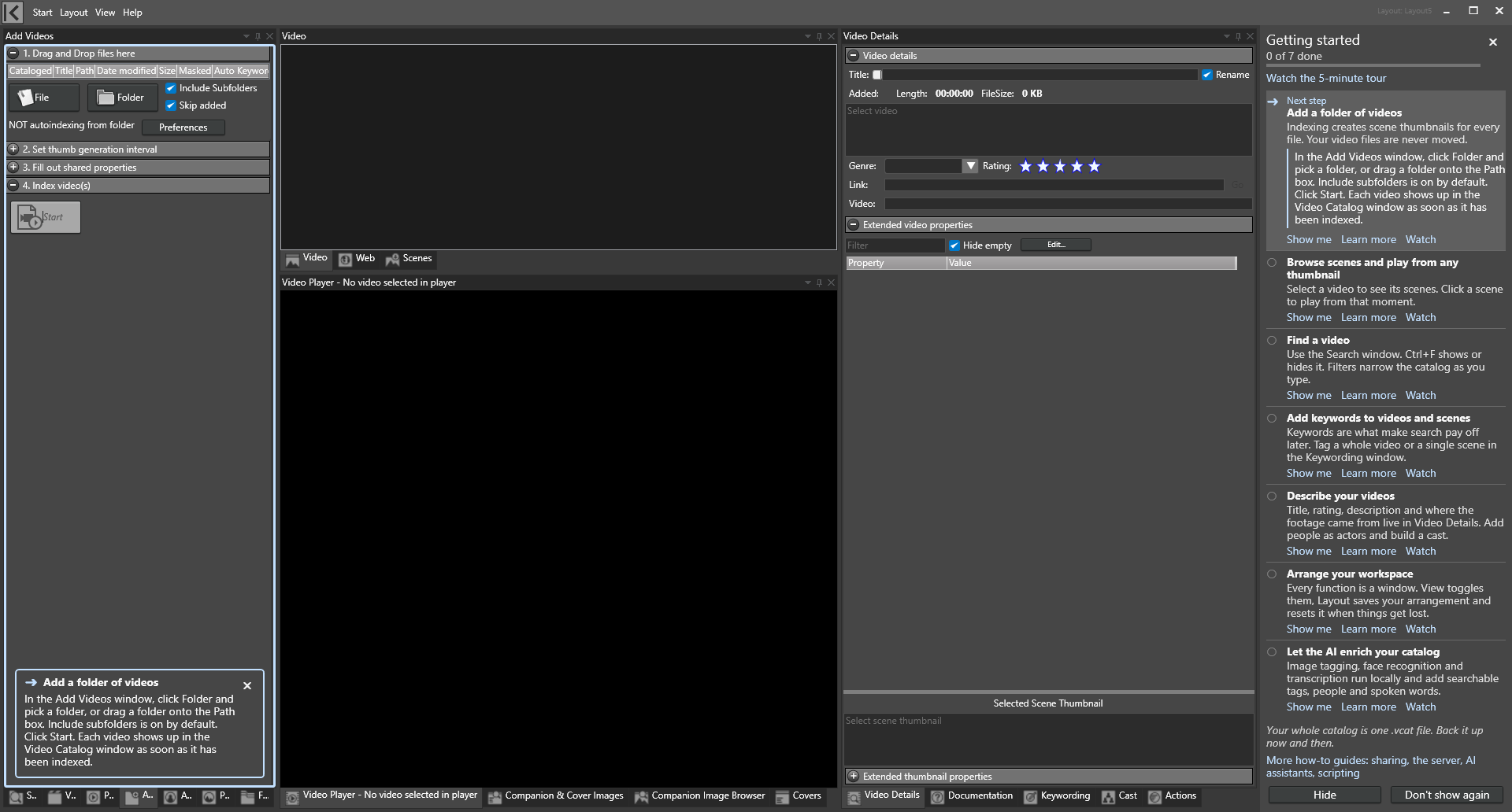 The Getting Started panel on the right, with the next step marked and the Add Videos window framed