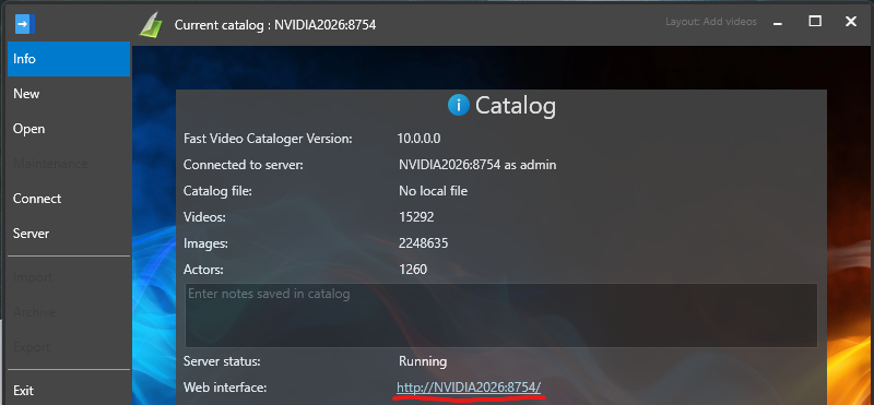 Info screen showing server status and web interface address