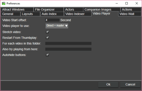 The preference page for the integrated video player in fast video cataloger