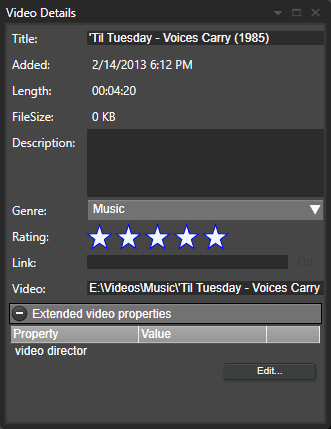 Extended video properties - custom video properties from the video details window