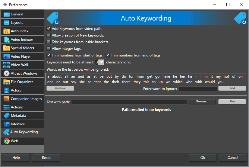 Auto keywording settings