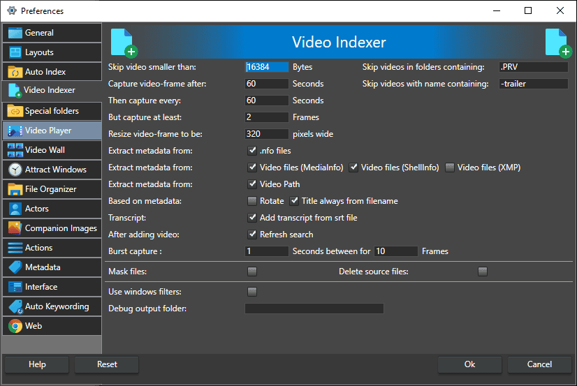 Video indexing settings