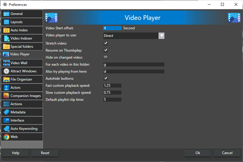 Video player setting in Fast video cataloger