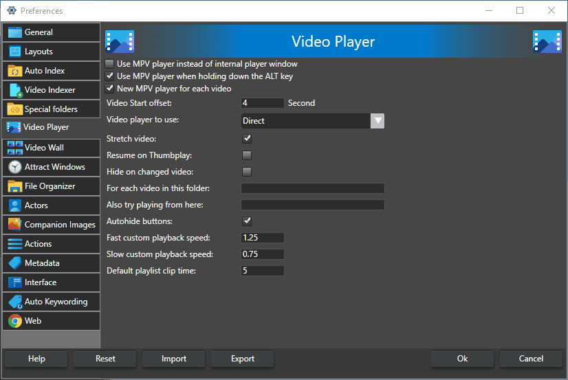 Video player setting in Fast video cataloger