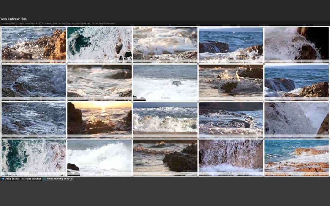 Fast Video Cataloger scene results for the description "waves crashing on rocks": a full grid of thumbnails of waves breaking on rocky shores.